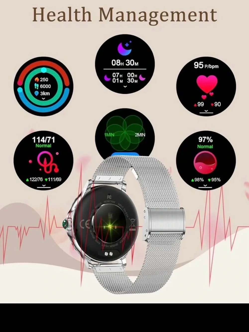 New! Silver Smartwatch with Mesh Band & Pink Strap + 5 additional bands